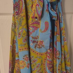 Vibrant Paisley Wrap Skirt in Sky Blue & Chartreuse